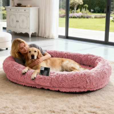 78" Human Dog Bed for Adult, Giant Dog Sofa Bed with Orthopedic Foam Support, Oversize Faux Fur Pet Couch with Plump Pillow, Blanket, Pink