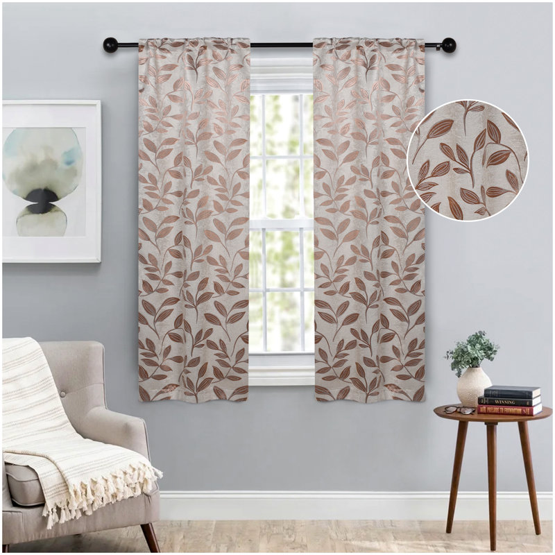 Finklea Floral Pattern Polyester Light Filtering/Room Darkening Rod Pocket Curtain Panels, Bronze, 26" W x 63" L