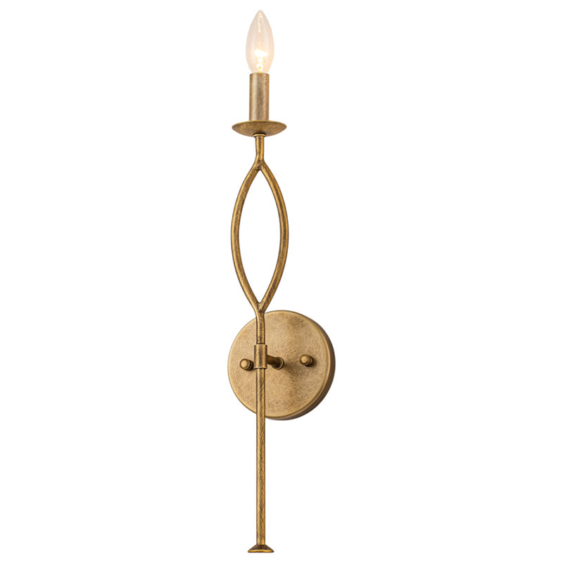 Applique murale 1 lumière à bougie, 20,3 po de hauteur, bras en fer antique doré pour le salon de la chambre à coucher