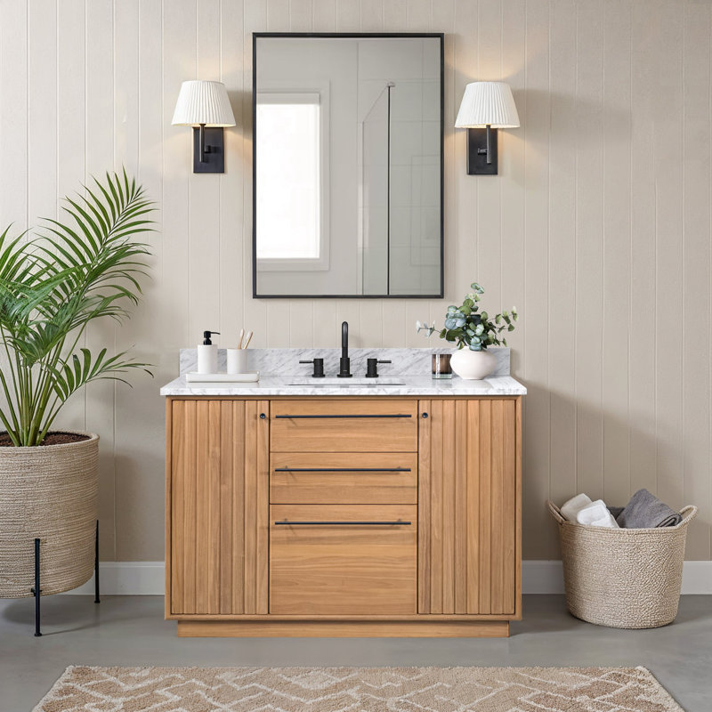 49 po Parker Meuble-lavabo simple en teck naturel avec plateau en marbre blanc de Carrare