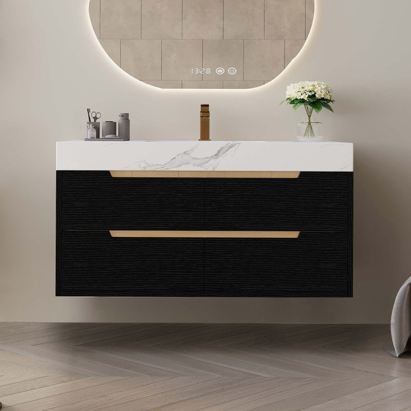 Meuble-lavabo moderne de 35,4 po avec lavabo sous comptoir, plateau en pierre frittée, bois massif multicouche imperméable, rangement à 4 tiroirs, autoportant / mural