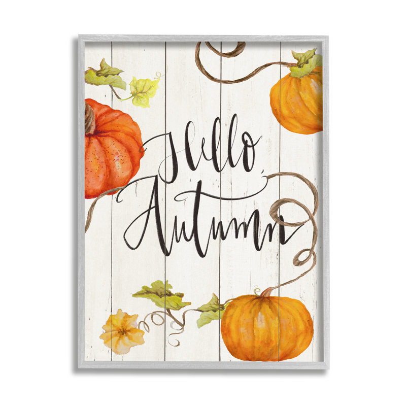 «Hello Autumn Calligraphy», rustique, citrouille, vignes, art numérique sur estampe numérique par Janice Gaynor