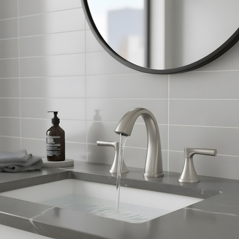 Robinet de lavabo de salle de bain 3 trous avec 2 poignées et drain, Nickel brossé