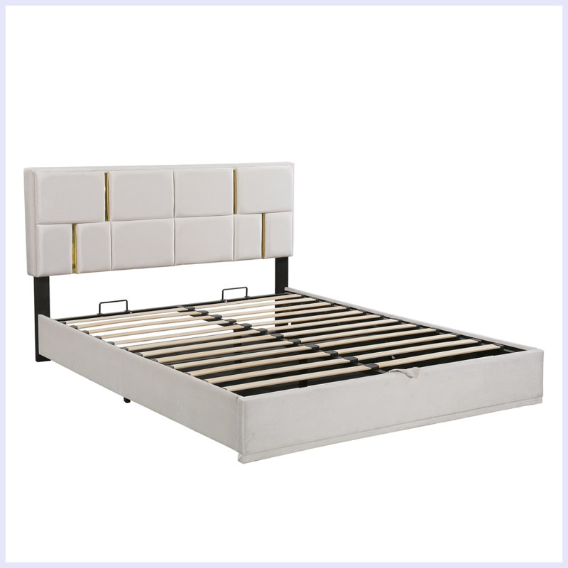 Grand lit plateforme tapissier avec système de rangement hydraulique, aucun sommier nécessaire, Beige