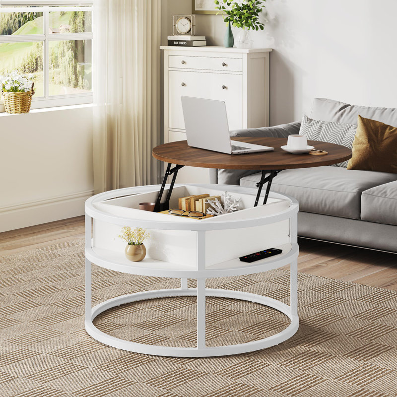 Rothwell Lift Top  Coffee Table ,Extendable Round Cocktail Table, White, 61.5cm H x 80cm W x 80cm D, Brown