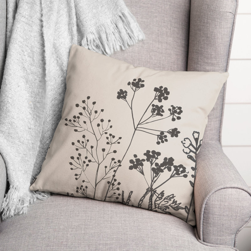 Beige and Black Floral Print Square Throw Pillow