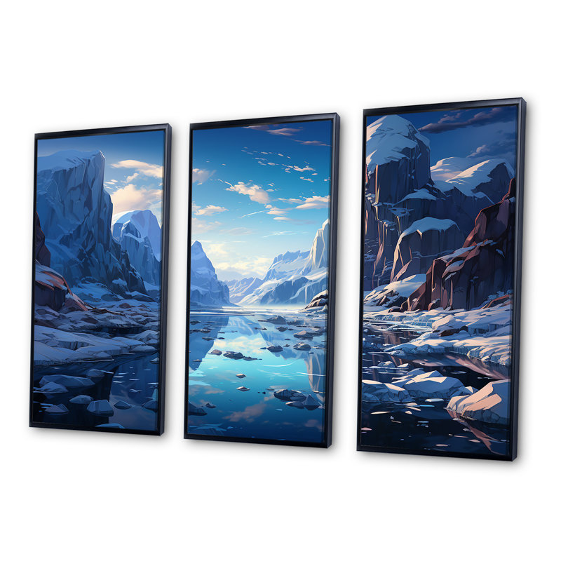 «Blue Winter Landscape In Greenland - Glacier», ensemble de décorations murales, Cadre flottant noir