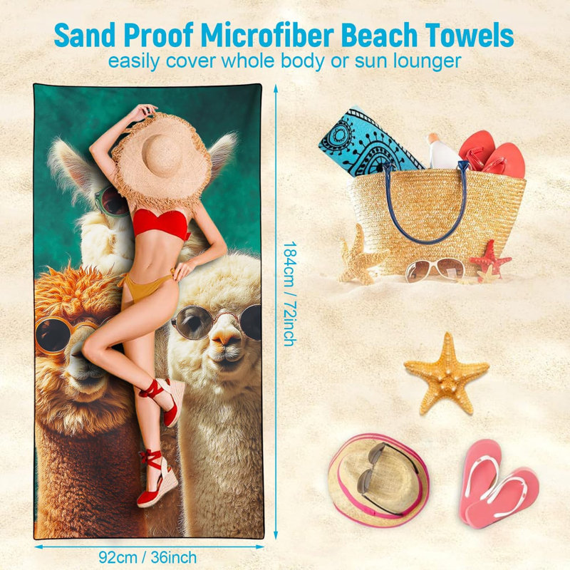 Alpaca Beach Towel Oversized 60" x 80", Stylish Sunglasses Animal Llama Print, Thin Lightweight Sand Free Quick Dry Microfiber Towels for Beach Yoga Camping Travel