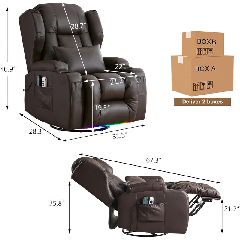 Aguilera Faux Leather Swivel Rocker Power Recliner Home Theater Chair with Cup Holders USB LED Lights, Brown