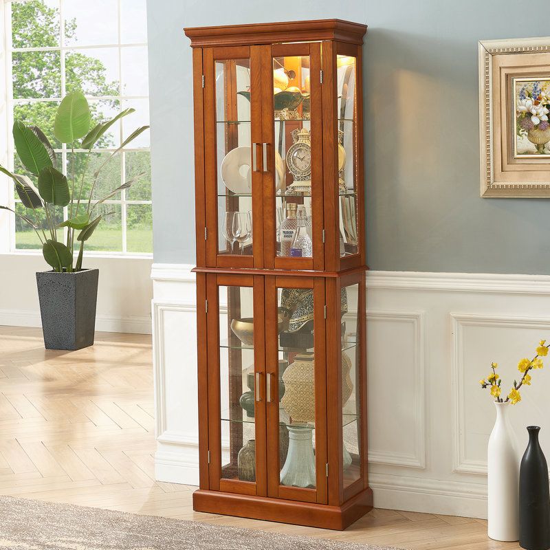 Vitrine lumineuse avec tablettes réglables et dossier en miroir pour mettre en valeur diverses collections avec style, Walnut