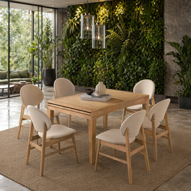 Extendable Dining Set with Upholstered Chairs, 7 Pieces: Table, 6 Chairs, Tan / Beige