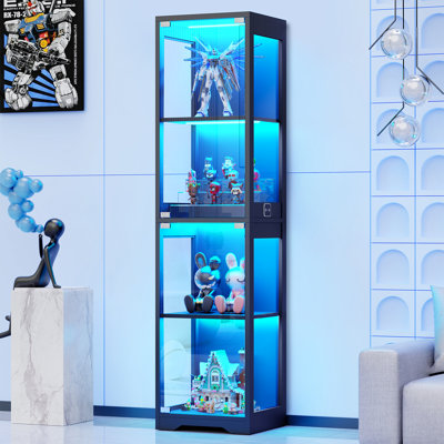 Glass Display Cabinet, 4-Tier Curio Cabinet with 3 Colour Lights for Collectibles, Bookshelf with Door, Glass Display Case with Human Body Sensor