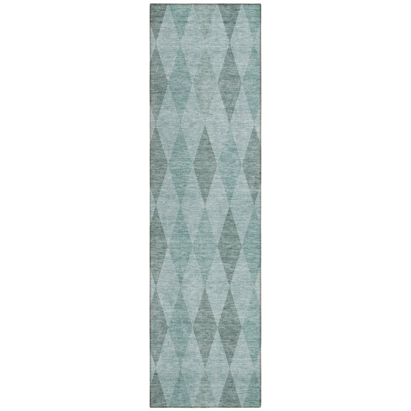8' Runner Teal Geometric Washable Non Skid Indoor Outdoor Runner Rug
