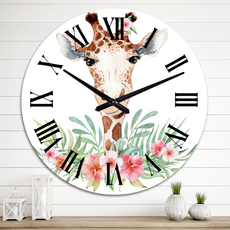 Dessin de girafe avec fleurs tropicales - horloge murale pour enfants, Moyen