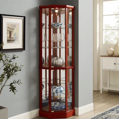 Adjustable Glass Shelves Curio Cabinet With Mirrored Back, Oak Exhibition 6 Shelf Cabinet, Oak, Tempered & Back Decoration by George Oliver