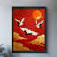 «Black Cranes Vintage Cranes» déploient leurs ailes et volent - longévité et bon augure, reproduction d'art encadrée de style rétro-14677846