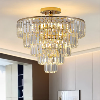 Lustres en cristal doré, lustre rond semi-encastré à 5 niveaux, grand éclairage de plafond contemporain de luxe pour le salon, la salle à manger, le couloir