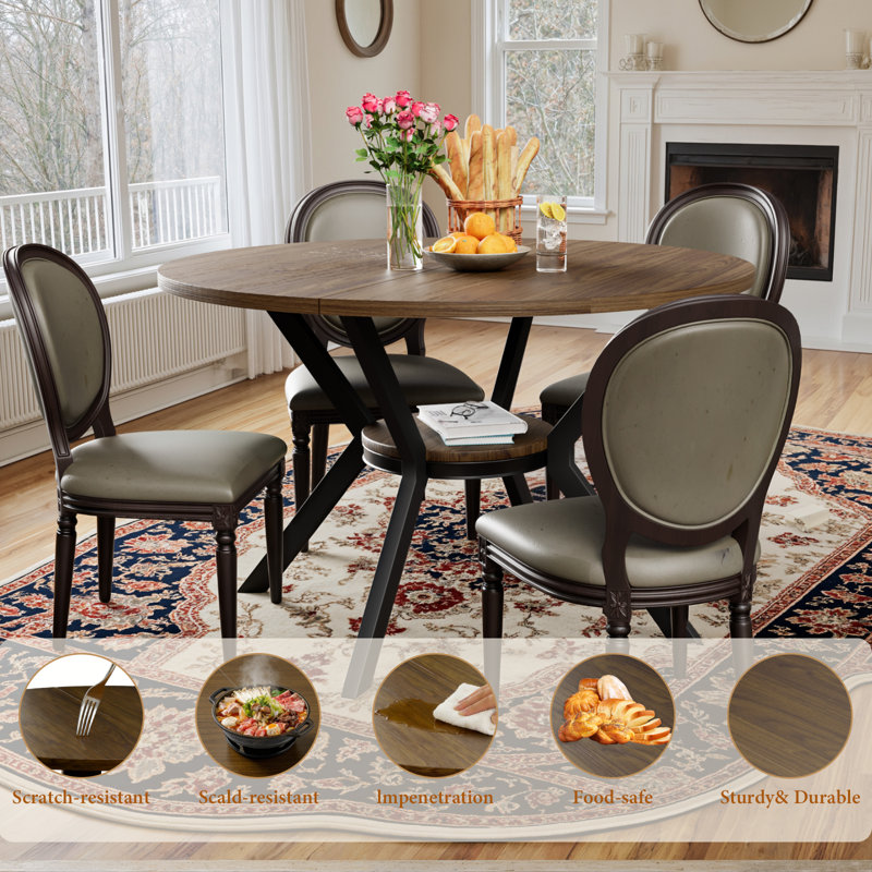 47 Inch Round Wood Dining Table for 4-6, Farmhouse Kitchen Table With Cross Pedestal & Storage Shelf for Kitchen and Dining Room- Walnut