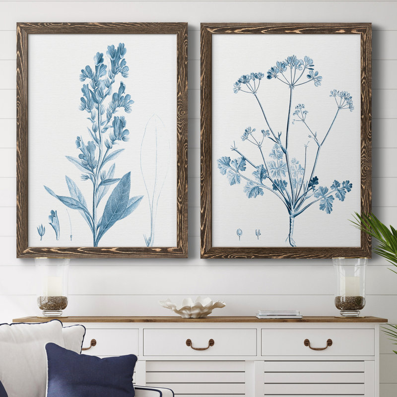 "Antique Botanical In Blue III", ensemble de 2 peintures sur toile encadrées, H 37,5 po x l 55 po x P 1,5 po