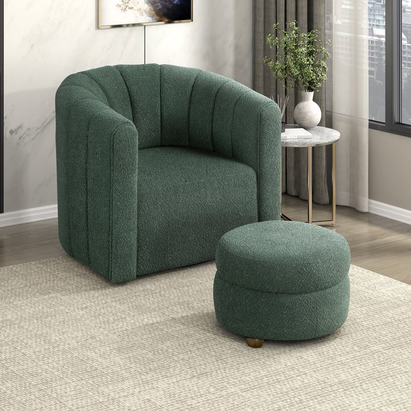 Modern Contemporary Swivel Chair with Ottoman Boucle Fabric Upholstery Solid Wood Living Room Furniture, Green Boucle