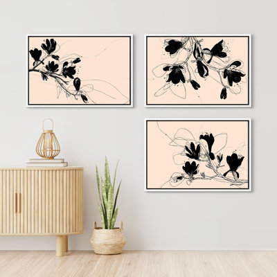 " Abstract Floral Sketch Black On Beige Botanical Line Drawings " 3 - Pieces