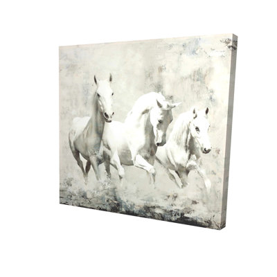 Trois chevaux blancs qui courent - Toile grise décorative