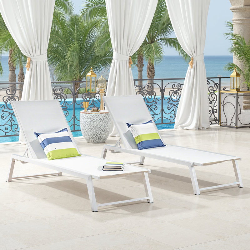 Chaise longue d'extérieur blanche 2 pièces, patio et fauteuil inclinable réglable