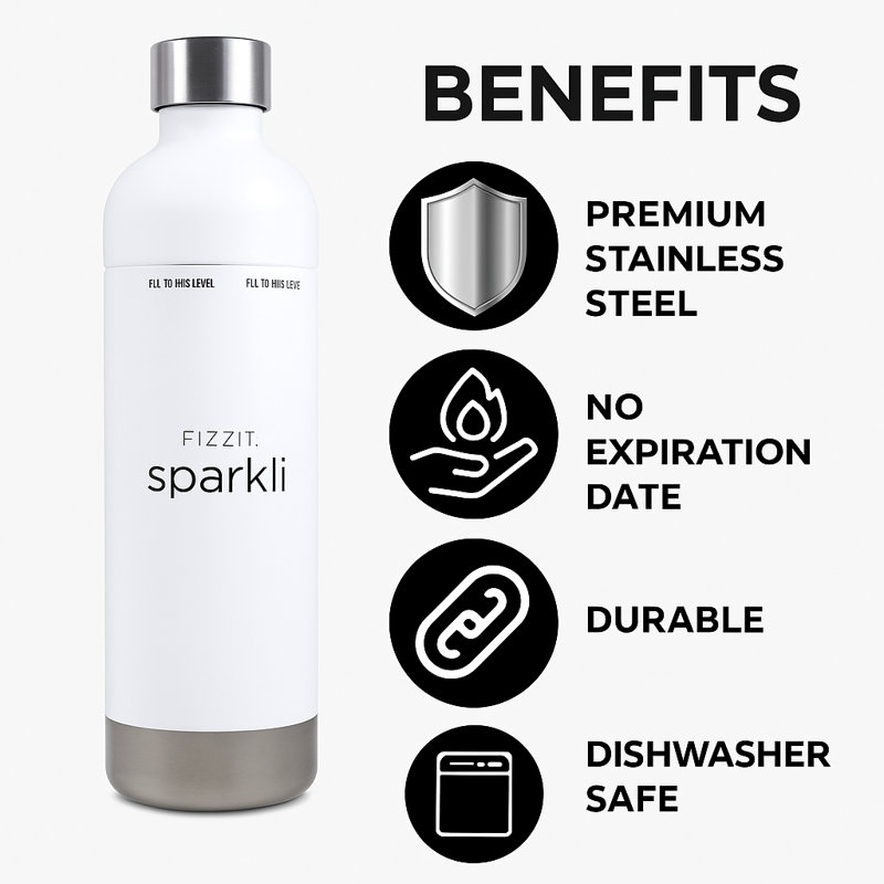 Stainless Steel Soda Maker Machine with 2 Stainless Steel 1L Re-Usable Bottle, White
