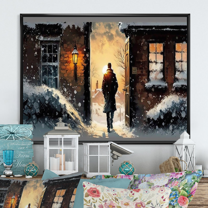 «Man Walking in Winter Scene», reproduction sur toile, L 20 po x H 12 po, Toile avec cadre flottant noir