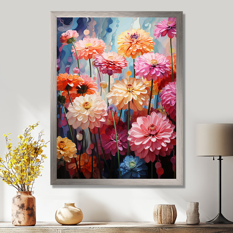 Reproduction d'art sur toile Zinnias, Cadre simple argenté, H 32 po x l 24 po x P 1 po