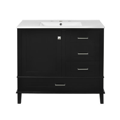 Meuble-lavabo moderne 36 po avec cadre en pin massif, 1 porte à fermeture douce et 3 tiroirs, armoire de rangement moderne