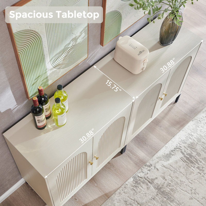 Buffet moderne cannelé avec rangement, Crème, 2, H 34 po x l 61,76 po x P 15,75 po