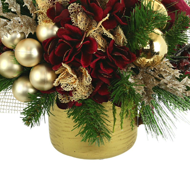 Holiday Arrangement with Hydrangeas, Ornaments and Berries