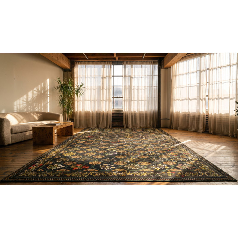 Large Size Charcoal Color Antique Floral English Flat Weave Needlepoint Carpet