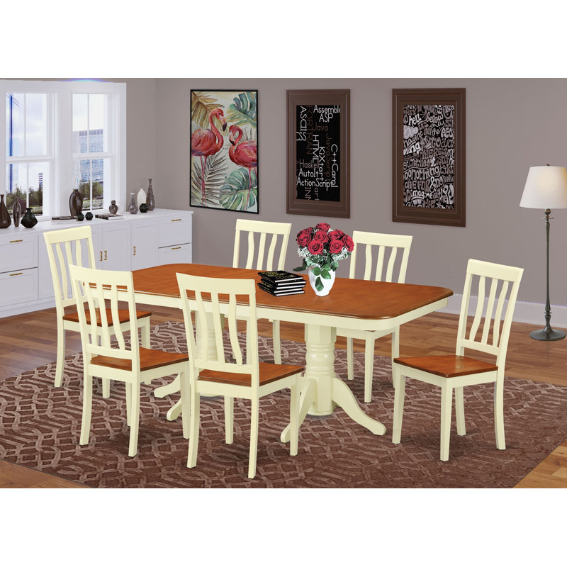 7 Piece Dining Table Set Consist of a Rectangle Dinner Table with Butterfly Leaf and 6 Dining Room Chairs, Buttermilk & Cherry