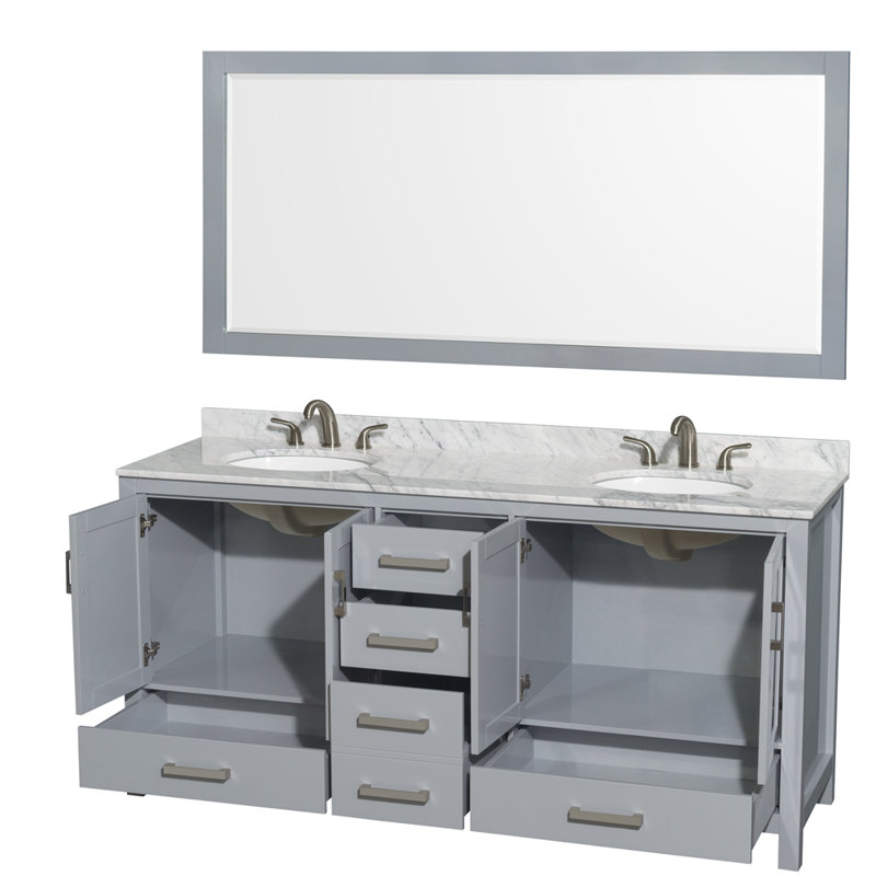 Sheffield 72" Double Bathroom Vanity Set with Mirror, White Carrara Marble, Gray, 8" Widespread