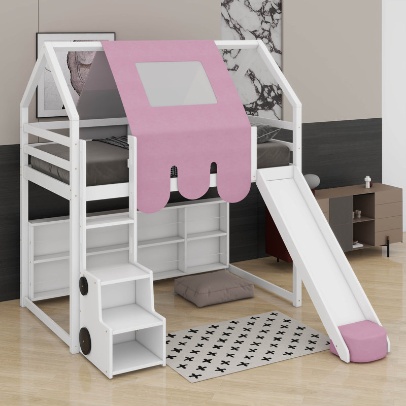 Twin House-Shaped Loft Bed With A Tent, White/Pink