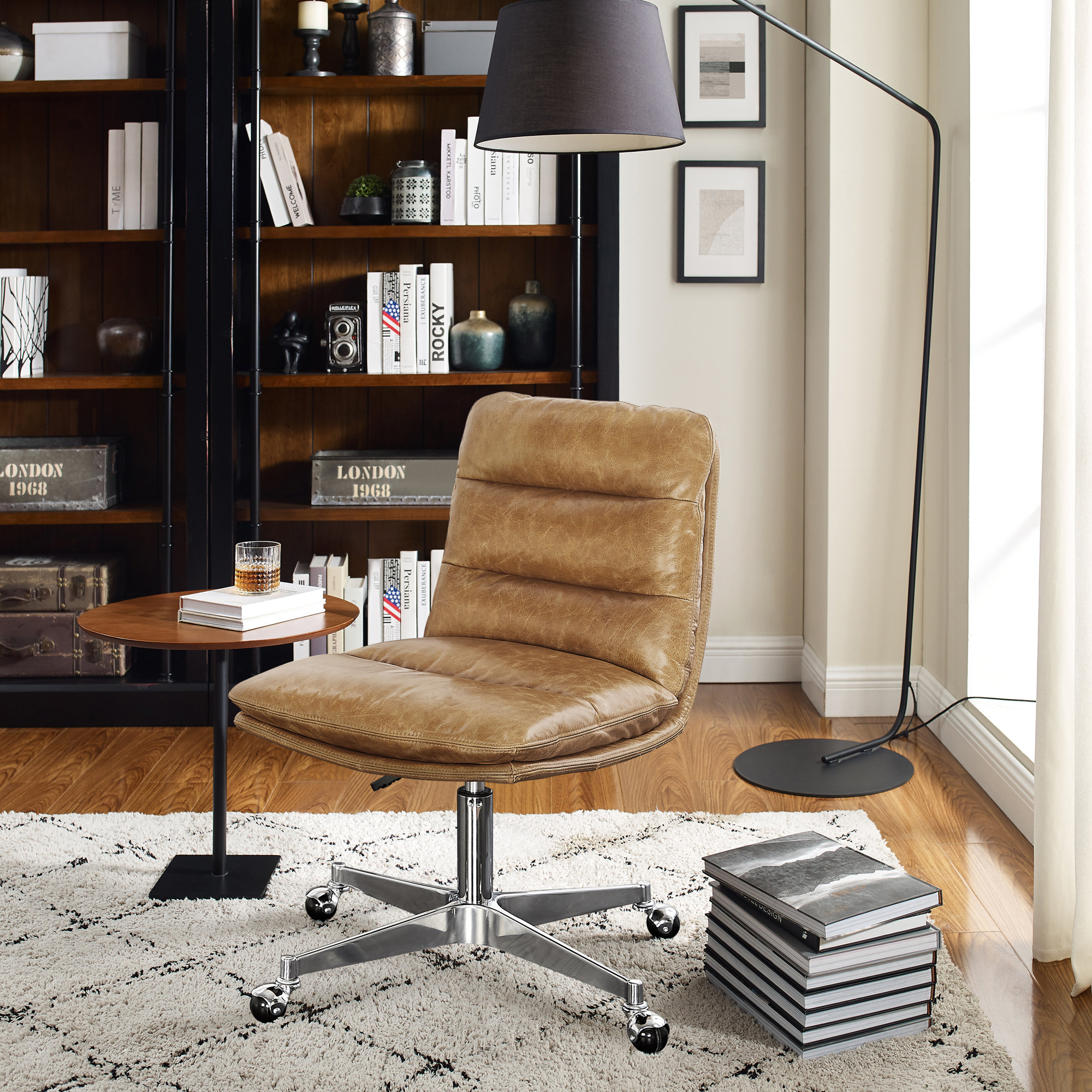 Paynesville Swivel Office Task Chair with Wheels, Brown, Genuine Leather
