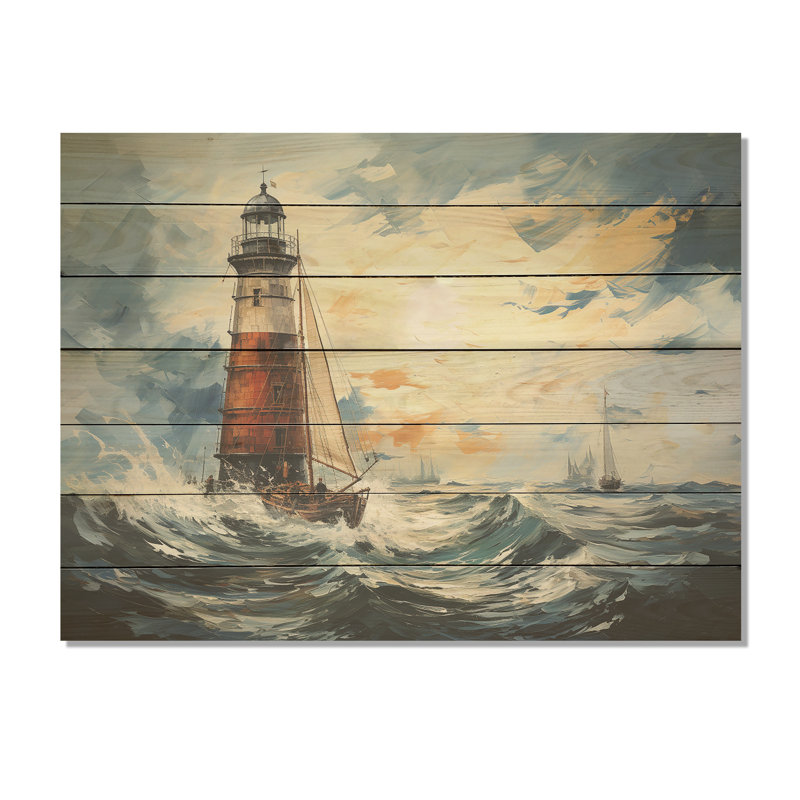 Lighthouse Stormy Sea II - Lighthouses On Wood Print, 10" H x 20" W x 0.78" D