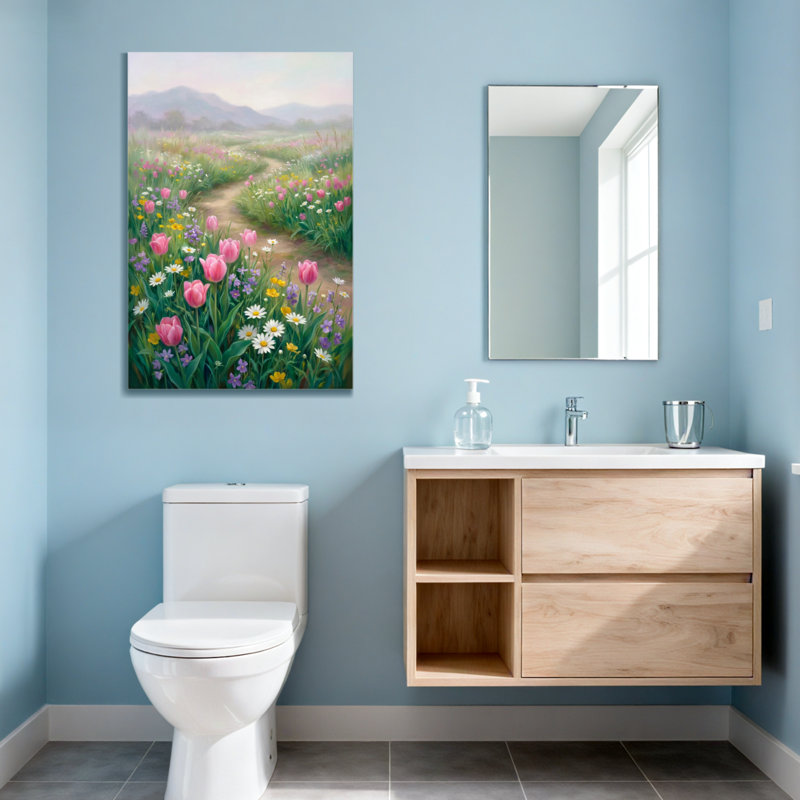 Plantes et fleurs, champ de fleurs, chemin, montagnes, ciel, tulipes, marguerites, printemps, H 24 po x l 16 po
