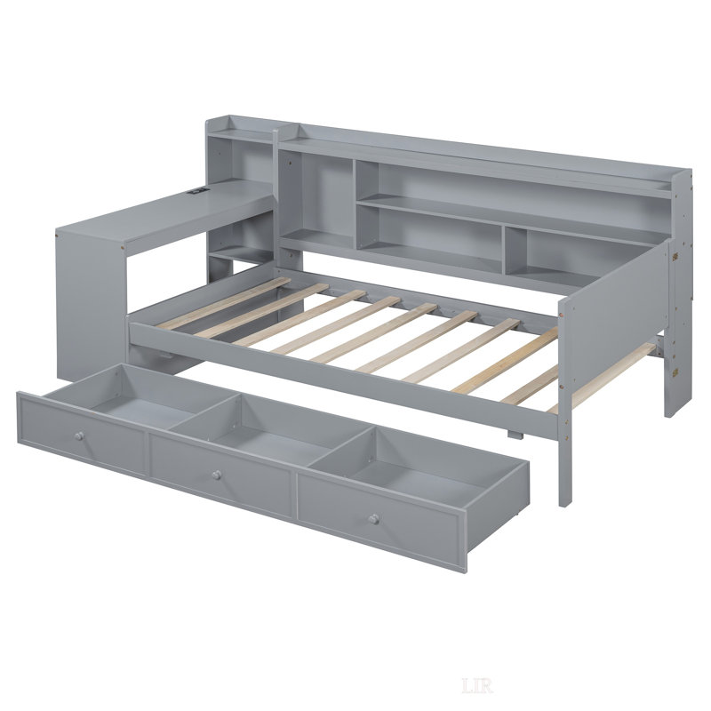 Twin Size Wooden Daybed With 3 Drawers, USB Ports And Desk, Twin, Gray