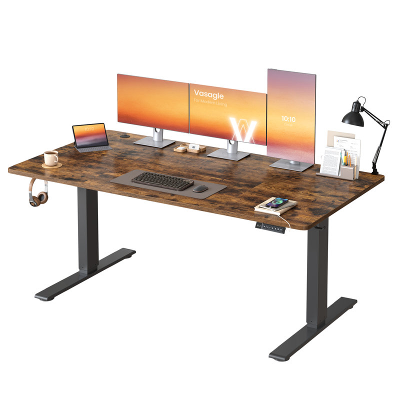 Adjustable Metal Base Standing Desk with Power Outlet, Brown/Black, 160cm W x 80cm D