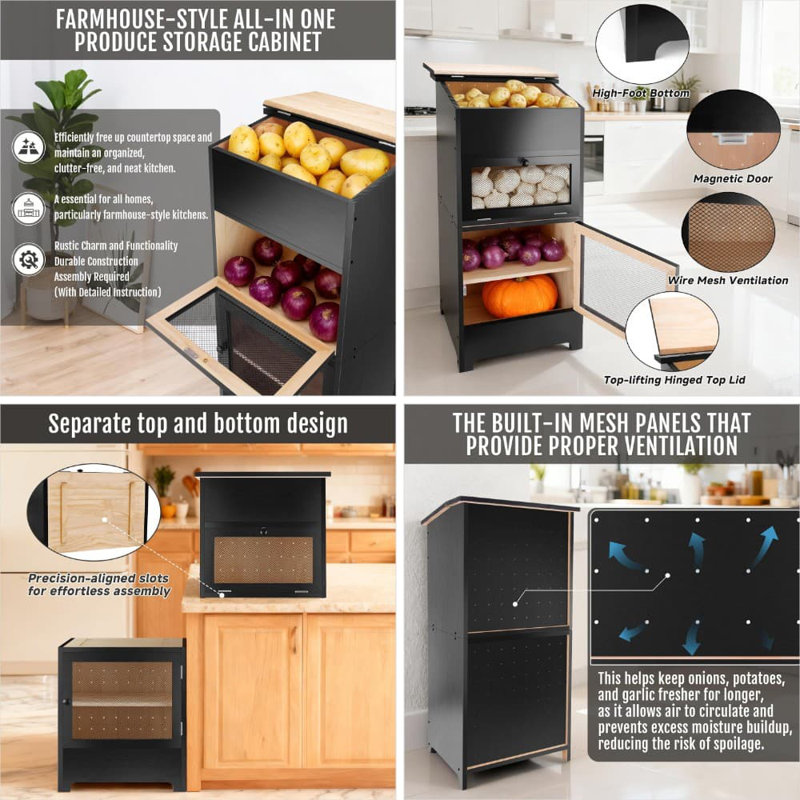 Stackable Wooden Bread And Vegetable Storage Cabinet With Mesh Doors - Ventilated Kitchen Organizer For Potatoes, Onions, Fruits, And Snacks