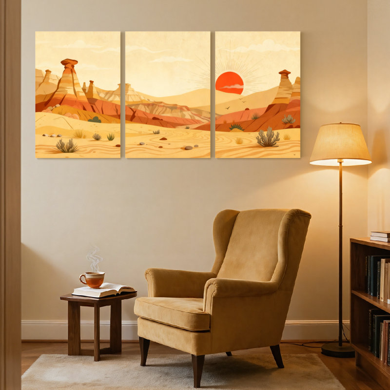 «Landscape & Nature Desert Landscape with Rock Formations and Sunset», ensemble de 3 impressions sur toile, H 18 po x l 36 po