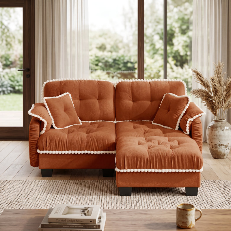 Canapé nuage orange 2 places en chenille avec pouf amovible, coussins capitonnés et finitions à pompons, 2 Seat+1 Ottoman