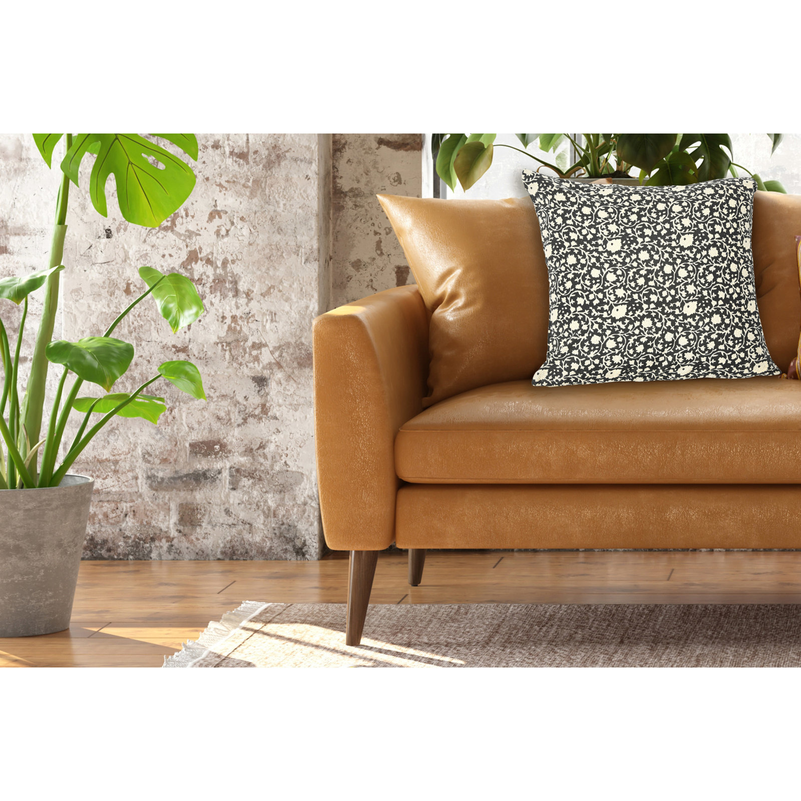 Emmett Floral Cotton Throw Pillow, Black/Gray/Ivory