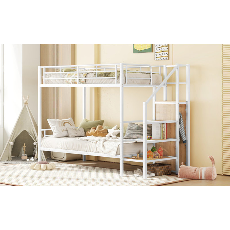 Over  Metal Bunk Bed With Lateral Storage Ladder And Wardrobe