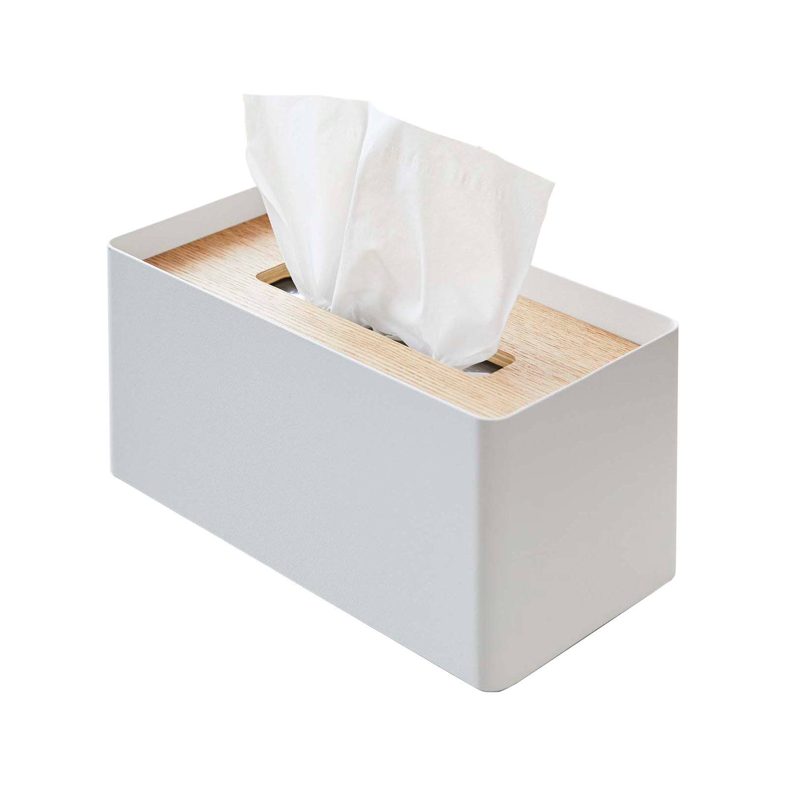 Yamazaki Home Rin Rectangular Reusable Tissue Box Cover Holder Case With Natural Wooden Lid, Steel, White/Natural