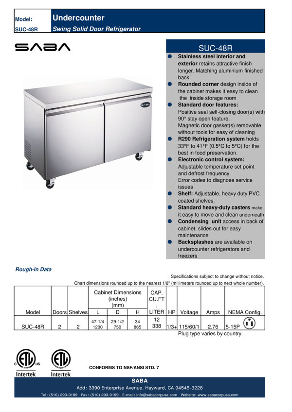 Saba 12 Cu. ft. Commercial Under Counter Freezer in Stainless Steel, Silver