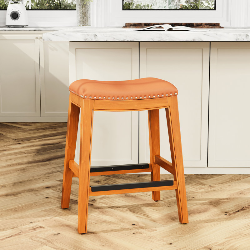 Natural Finish 24" Counter Stool - Saddle Leather Seat, Comfortable And Fashionable Elegant, Brown, Natural